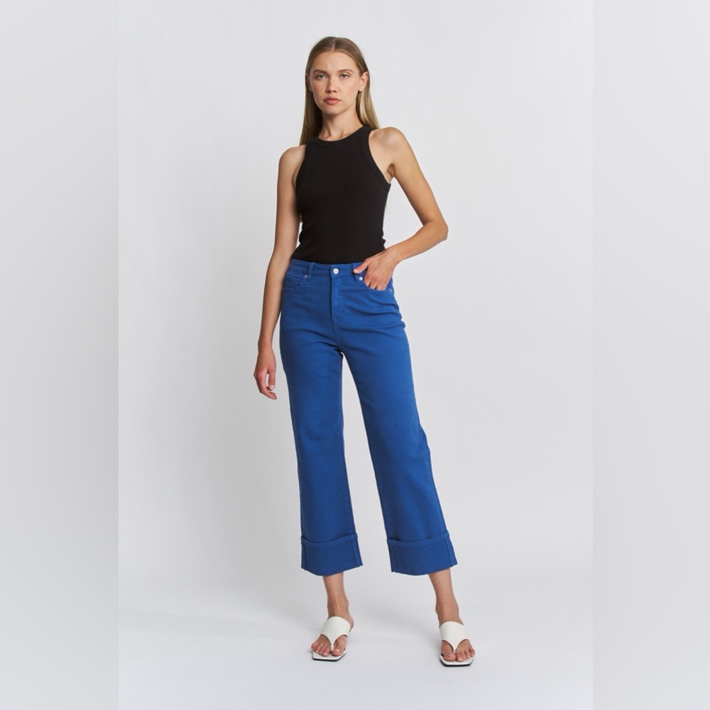 Wide Leg High Rise Tummy Tuck Cropped Cuffed Jeans - Mica